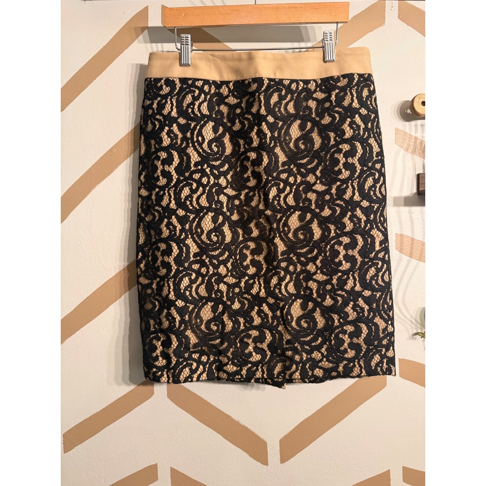 Loft Pencil Skirt Womens 6 Black Tan‎ Lace Floral Overlay Knee Length Zip Up